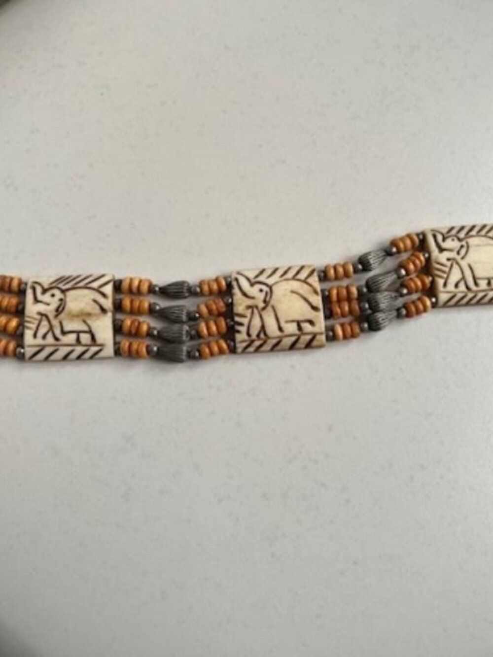 Vintage Beaded Choker, Etched Sections w/Elephant & Leather Closure/  12" long
